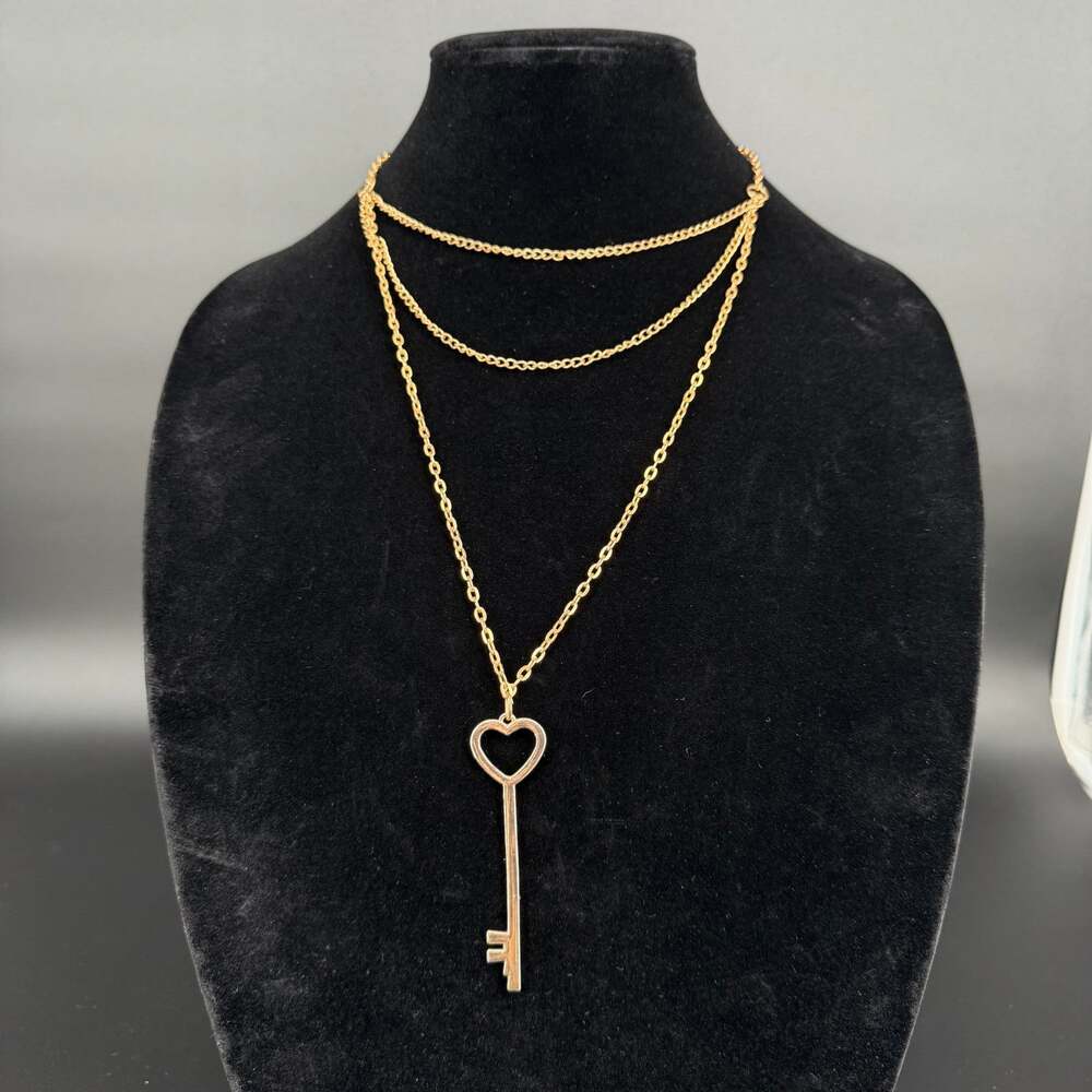 Gold Tone Multi-Strand Layered Chain Necklace with Romantic Heart Key Pendant